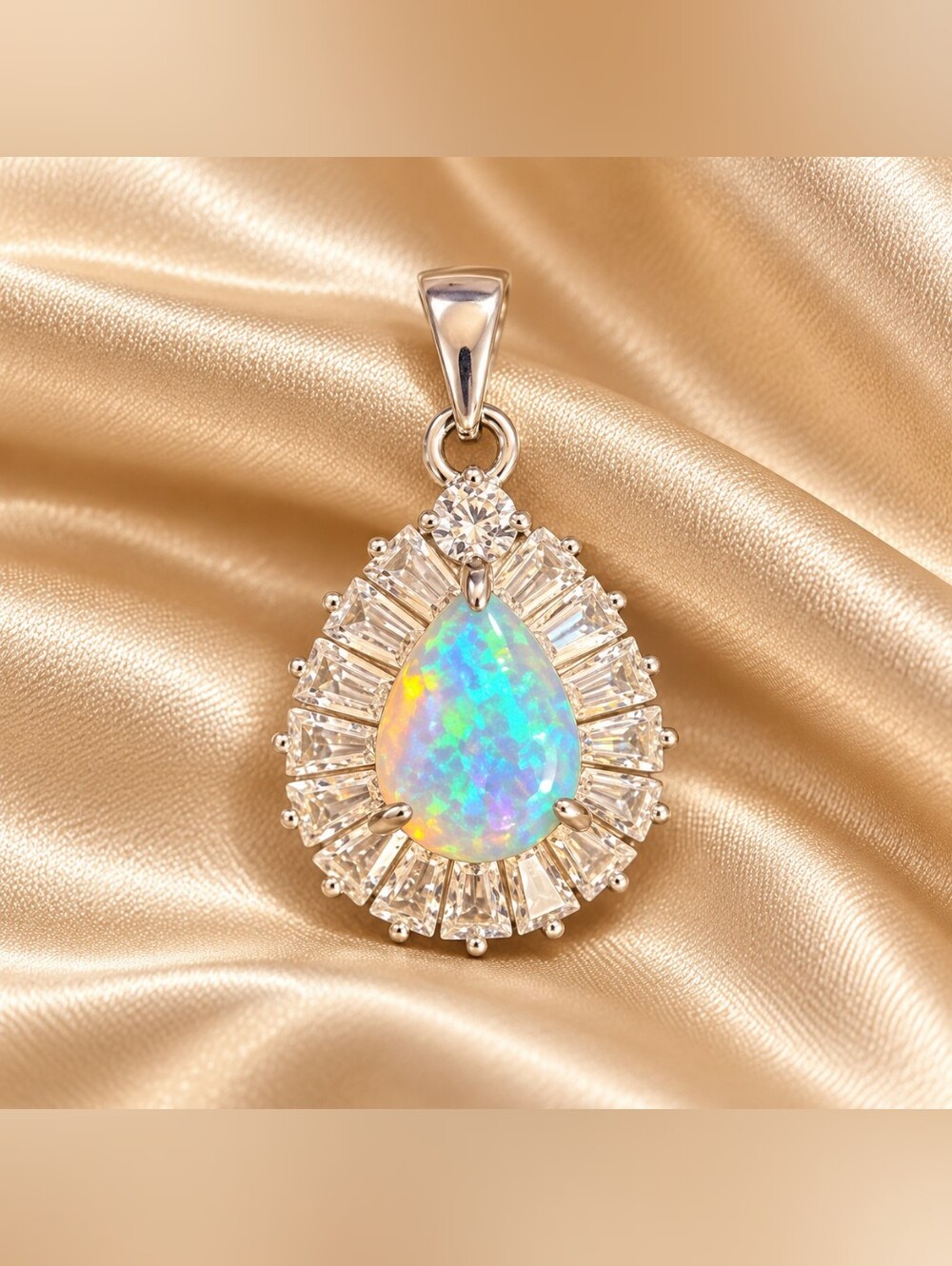 925 Sterling Silver Opal Teardrop Halo Pendant - Iridescent Opal